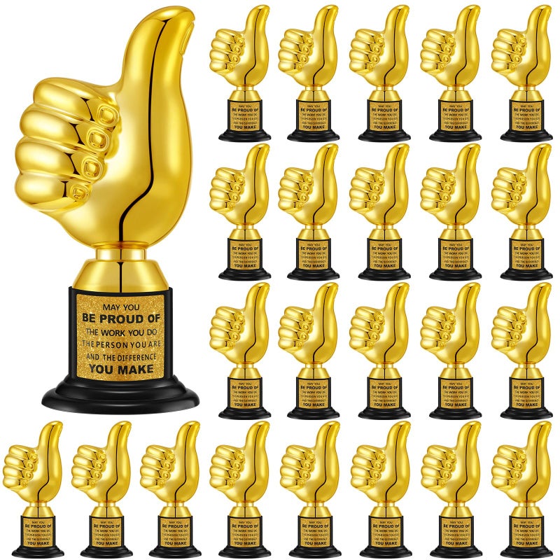 Highergo 24 Pcs Thumbs up Award Trophies 5 Inch Plastic Gold Trophy Cups Bulk for Staff or Adults Party Favors with Inspirational Stickers for Employee Reward Trophy GiftsThumb Proud