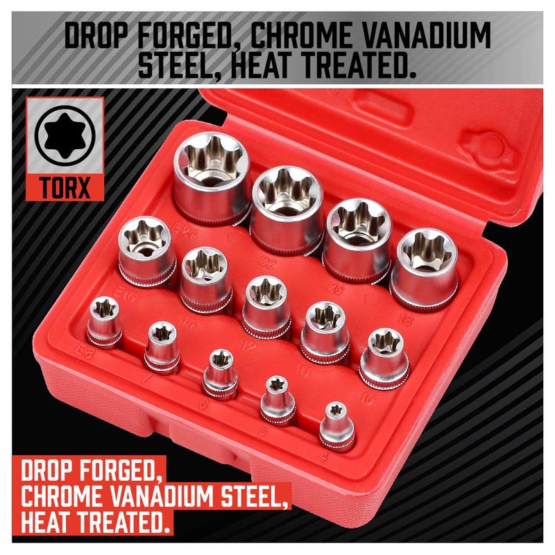 SEDY 14-Piece E-TORX Socket Set - Premium Female Torx Socket Set, Ultimate Star Socket Set, Torque Socket Set, External Torx Socket Set, E4 E5 E6 E7 E8 E10 E11 E12 E14 E16 E18 E20 E22 E24 Socket Set - Image 4