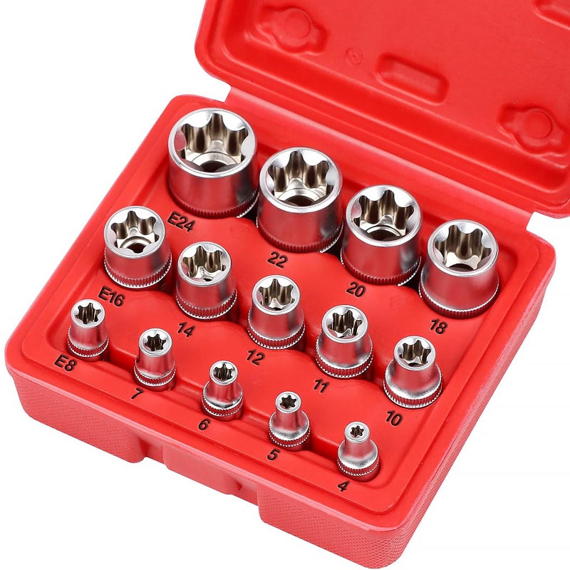 SEDY 14-Piece E-TORX Socket Set - Premium Female Torx Socket Set, Ultimate Star Socket Set, Torque Socket Set, External Torx Socket Set, E4 E5 E6 E7 E8 E10 E11 E12 E14 E16 E18 E20 E22 E24 Socket Set - Image 1