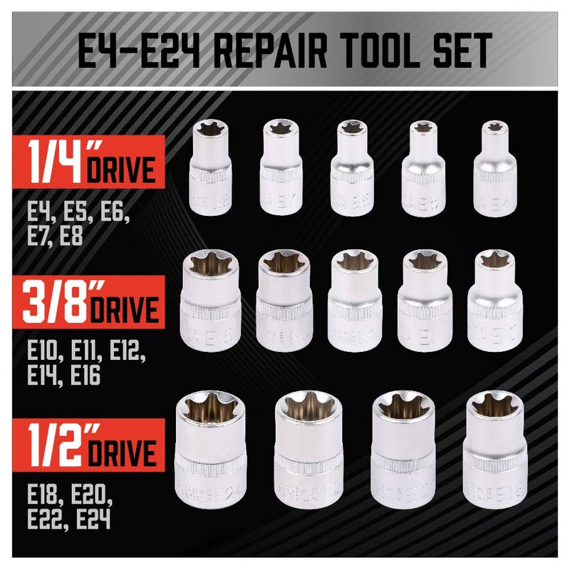 SEDY 14-Piece E-TORX Socket Set - Premium Female Torx Socket Set, Ultimate Star Socket Set, Torque Socket Set, External Torx Socket Set, E4 E5 E6 E7 E8 E10 E11 E12 E14 E16 E18 E20 E22 E24 Socket Set - Image 3
