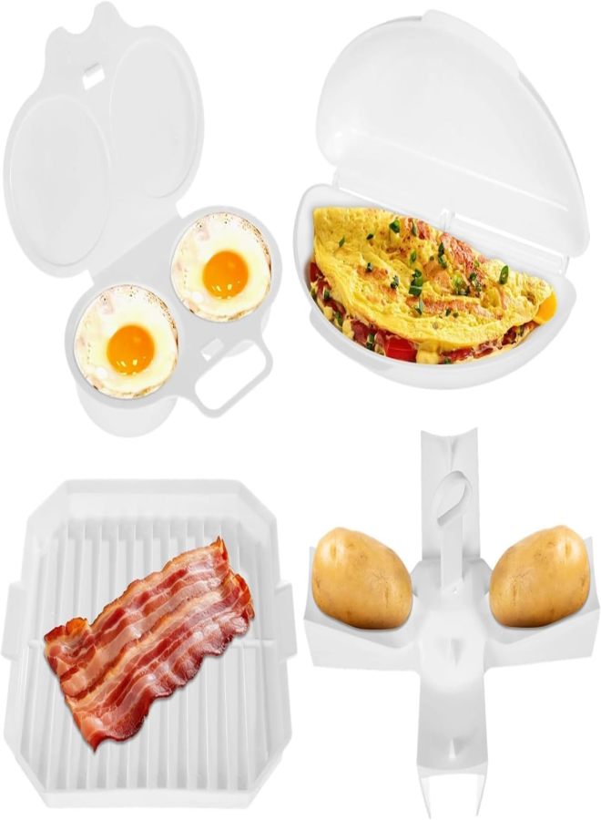 4pcs Easy Breakfast Set, Microwave Egg Cooker/Poacher, Microwave Omelet Maker, Microwavable Bacon Grill/Rack/Cooker Tray/Dish, Baked Potato Cooker, Easy To Use and Non-Stick Egg Cookware (4pcs) - Image 1