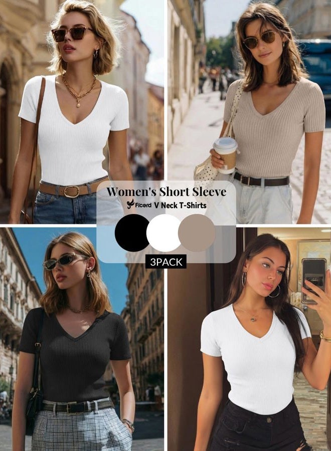 Ficerd 3 Pack Women's Short Sleeve Cotton T-Shirts V Neck Ribbed Slim Fit Tops Ladies' Casual Summer Basic Tee, Black, White, Khaki, XL - Image 2