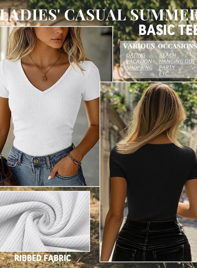Ficerd 3 Pack Women's Short Sleeve Cotton T-Shirts V Neck Ribbed Slim Fit Tops Ladies' Casual Summer Basic Tee, Black, White, Khaki, XL - Image 3