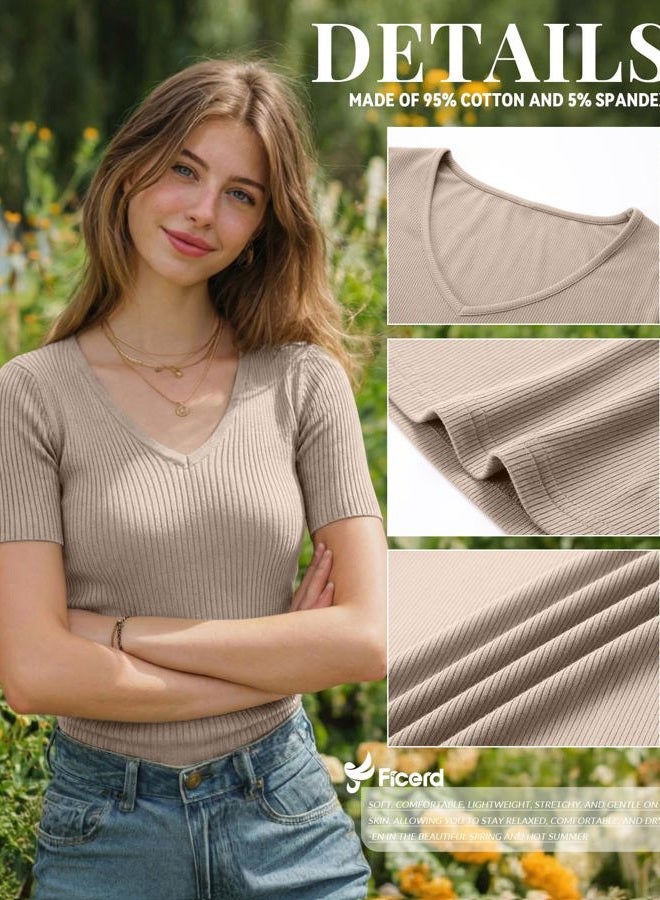 Ficerd 3 Pack Women's Short Sleeve Cotton T-Shirts V Neck Ribbed Slim Fit Tops Ladies' Casual Summer Basic Tee, Black, White, Khaki, XL - Image 5