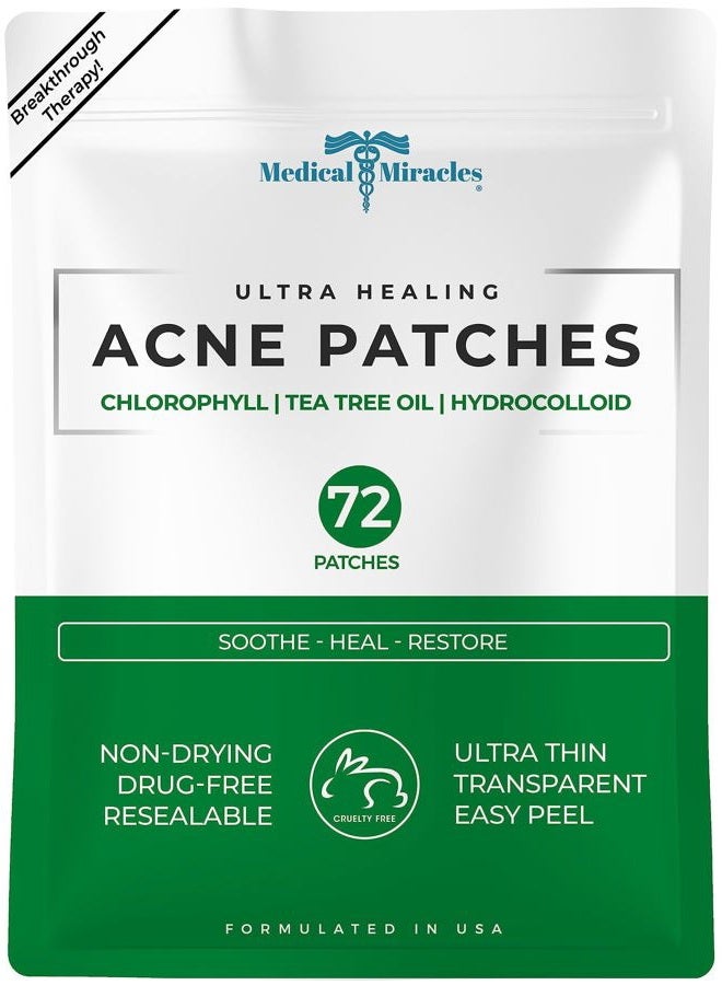 Medical Miracles NEW- Chlorophyll, Tea Tree Oil and Hydrocolloid Acne 72 Patches by Medical Miracles. Face Healing Patch Treatment for Absorbing Zits, Pimples, Cystic Spots, Blemishes - Image 1