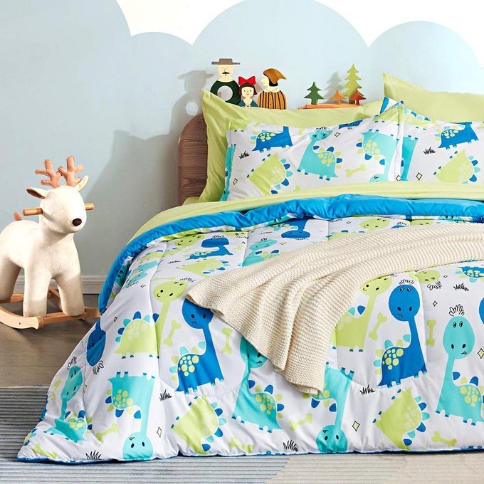 KIDS BEDDING COMFORTER SET FULLQUEEN SIZE SUPER CUTE SOFT KIDS BEDDING 7 PIECES SET WITH COMFORTER SHEET PILLOWCASE SHAM CUTE DINO