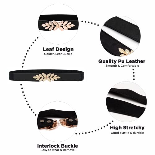 REDHORNS Elastic Fabric Waist Belt for Women Dresses Leaf Design Stretchy Slim Ladies Belt for Saree Girls Jeans - Free Size (LD22BK_Black) - Image 2