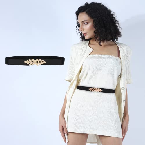 REDHORNS Elastic Fabric Waist Belt for Women Dresses Leaf Design Stretchy Slim Ladies Belt for Saree Girls Jeans - Free Size (LD22BK_Black) - Image 4