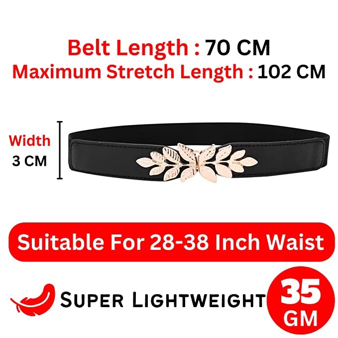 REDHORNS Elastic Fabric Waist Belt for Women Dresses Leaf Design Stretchy Slim Ladies Belt for Saree Girls Jeans - Free Size (LD22BK_Black) - Image 3