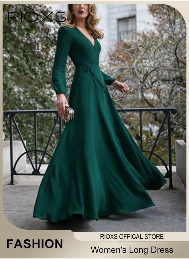 RIOXS - Women's Elegant Dresses V Neck Long Dress Solid Color Long Sleeve Maxi Dress For Party Wedding Special Occasions - Image 1