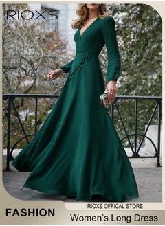 RIOXS Women's Elegant Dresses V Neck Long Dress Solid Color Long Sleeve Maxi Dress For Party Wedding Special Occasions  - Image 1