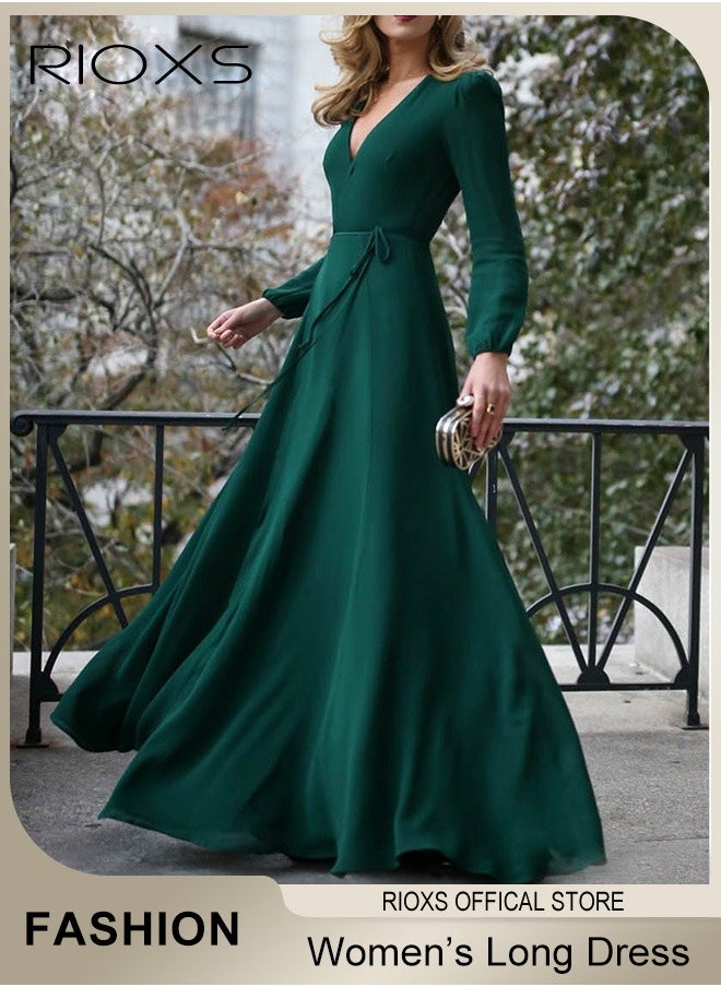 RIOXS - Women's Elegant Dresses V Neck Long Dress Solid Color Long Sleeve Maxi Dress For Party Wedding Special Occasions - Image 1