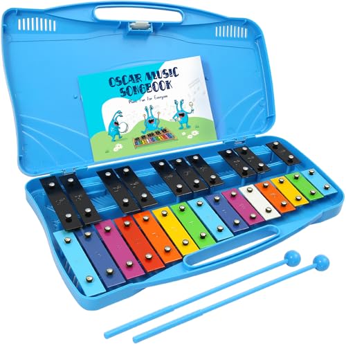 MINIARTIS Glockenspiel Xylophone | 25 Note Colorful Metal Keys Xylophone for Kids | Percussion Musical Instrument | Educational Music Toy Includes Music Songbook, Mallets and Blue Carry Case - Image 1