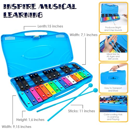 MINIARTIS Glockenspiel Xylophone | 25 Note Colorful Metal Keys Xylophone for Kids | Percussion Musical Instrument | Educational Music Toy Includes Music Songbook, Mallets and Blue Carry Case - Image 4
