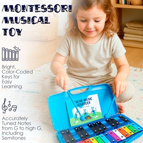 MINIARTIS Glockenspiel Xylophone | 25 Note Colorful Metal Keys Xylophone for Kids | Percussion Musical Instrument | Educational Music Toy Includes Music Songbook, Mallets and Blue Carry Case - Image 3