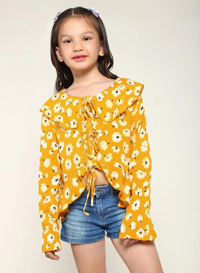 LILPICKS LilPicks Floral Printed Long Sleeve Top with Tie-Up Detail