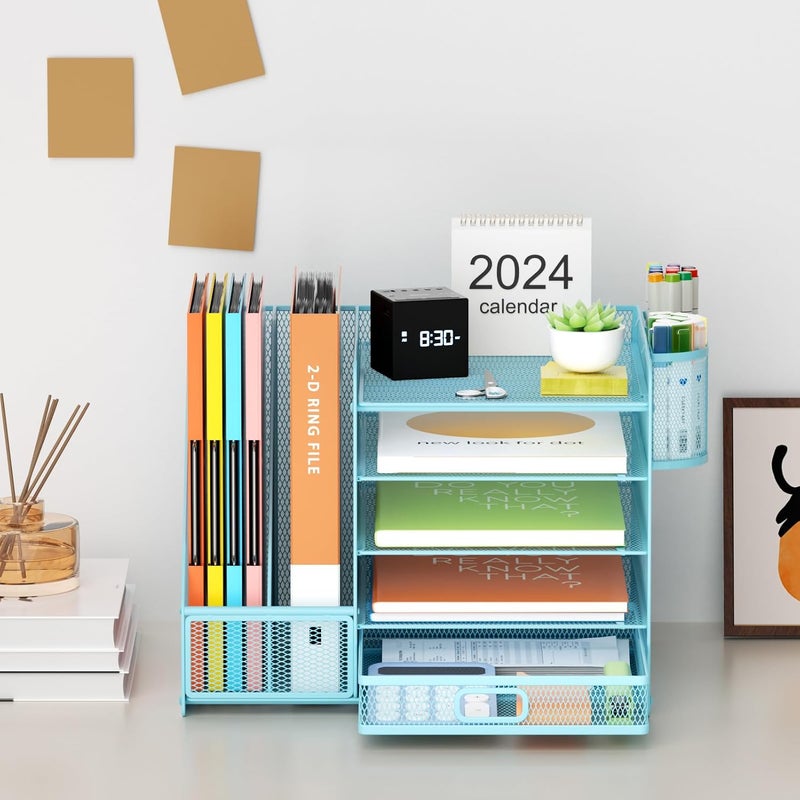 Marbrasse Desk Organizer With File Holder, 5-Tier Paper Letter Tray With Drawer and 2 Pen Holders, Mesh Desktop Storage With Magazine Holder for Office Supplies (Blue) - Image 3