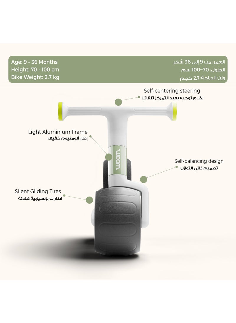 Woom WOW Self-Balancing, Balance Bike, Bicycle for Toddlers, Self-Centering Steering & Easy-Carry, 9–36 months (28–40 in), Soft Sprout - Image 2