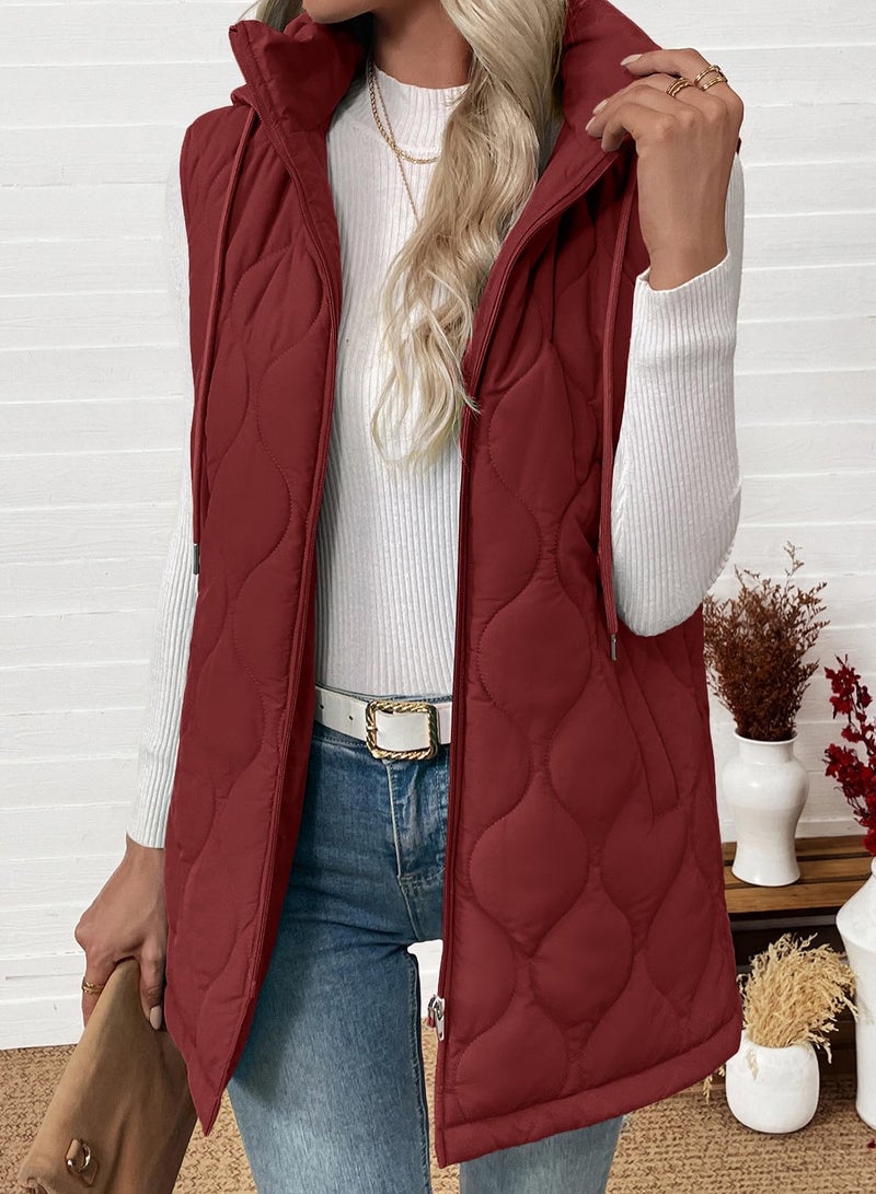 EVALESS Long Puffer Vest Women Sleeveless Hooded Puffer Jacket Casual Lightweight Quilted Jackets 2025 Fall Winter Warm Zip Up Coat Outerwear with Pockets Racing Red X-Large - Image 2