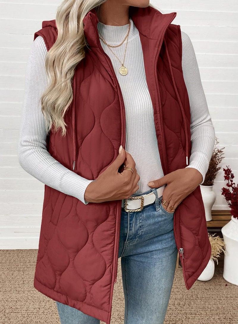 EVALESS Long Puffer Vest Women Sleeveless Hooded Puffer Jacket Casual Lightweight Quilted Jackets 2025 Fall Winter Warm Zip Up Coat Outerwear with Pockets Racing Red X-Large - Image 4