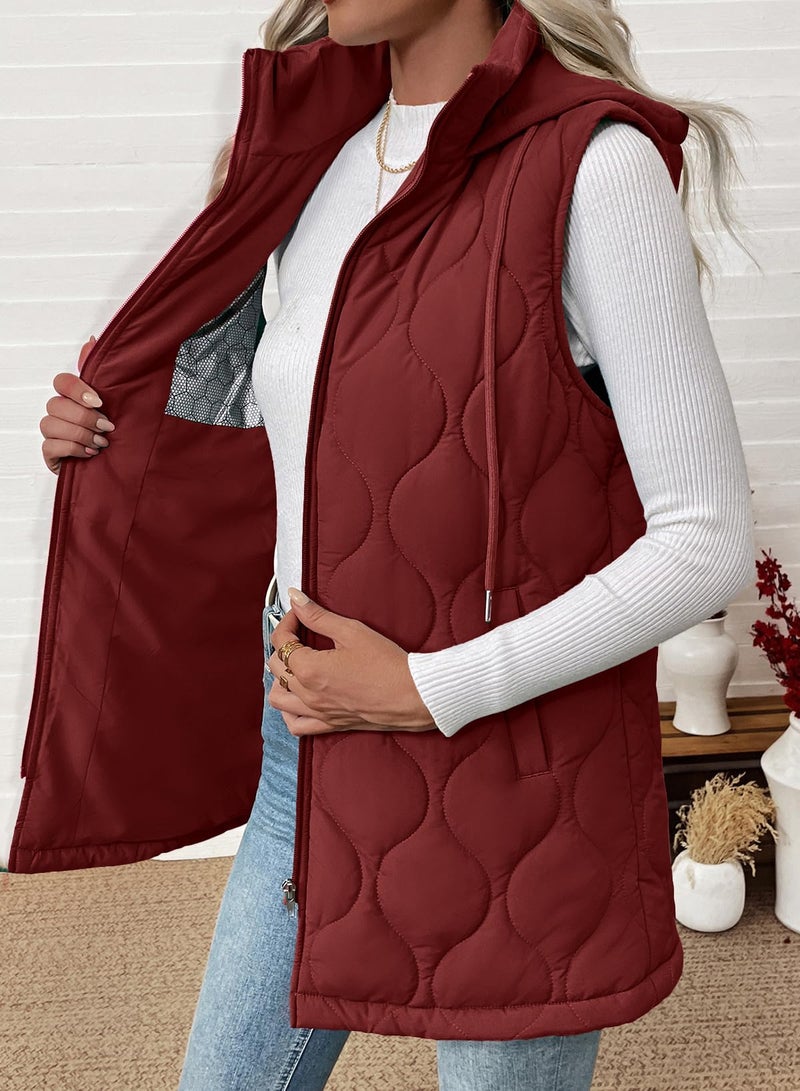 EVALESS Long Puffer Vest Women Sleeveless Hooded Puffer Jacket Casual Lightweight Quilted Jackets 2025 Fall Winter Warm Zip Up Coat Outerwear with Pockets Racing Red X-Large - Image 5