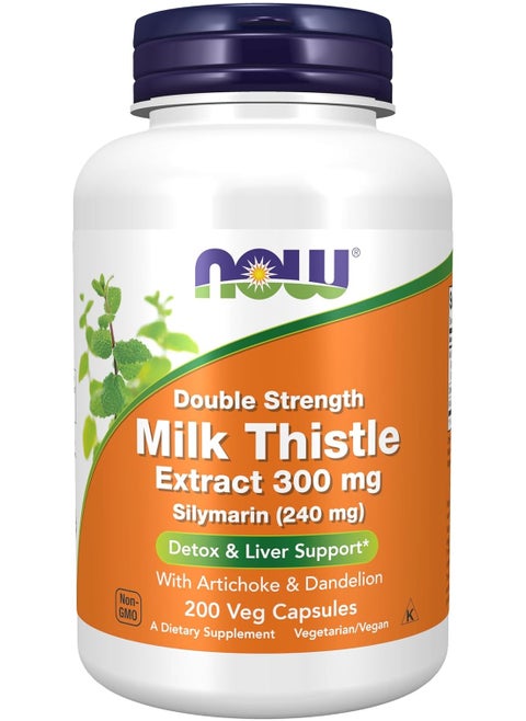 NOW Supplements, Silymarin Milk Thistle Extract 300 mg with Artichoke and Dandelion, Double Strength, Supports Liver Function*, 200 Veg Capsules