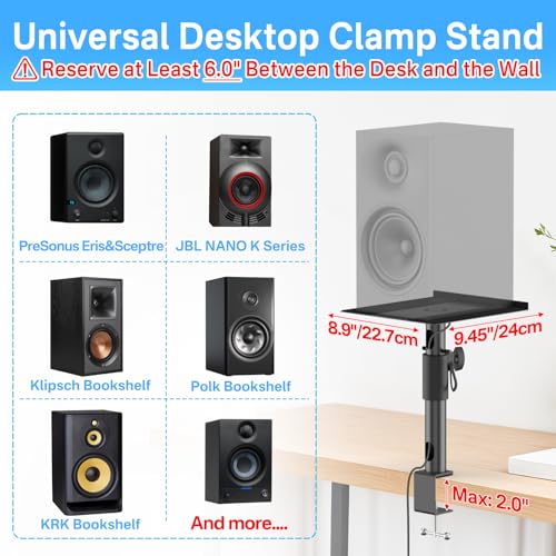 Yibracki Studio Monitor Stands for PreSonus, JBL Nano K and More Monitor Speaker Stands, Adjustable Height & Tilt & Swivel Desk Bookshelf Speaker Stands for KRK, Klipsch, Polk and More Wr Headphone Holder - Image 2