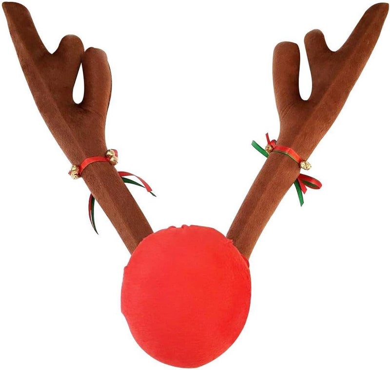 Tezam Christmas Car Decoration Plush Rudolf Reindeer Car Antler and Red Nose Set with Jingle Bells, Reindeer Antlers for Cars - Image 1