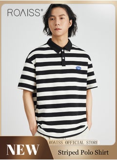 roaiss Unisex Striped Short Sleeve Polo Shirt Simple Loose Comfortable Skin-Friendly Lapel T-Shirt Mens Casual Fashion Light Cool Summer Half Sleeves with Breathable Fabric  - Image 1