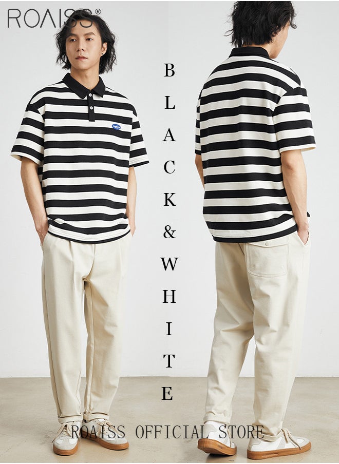 roaiss Unisex Striped Short Sleeve Polo Shirt Simple Loose Comfortable Skin-Friendly Lapel T-Shirt Mens Casual Fashion Light Cool Summer Half Sleeves with Breathable Fabric  - Image 3