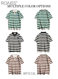 roaiss Unisex Striped Short Sleeve Polo Shirt Simple Loose Comfortable Skin-Friendly Lapel T-Shirt Mens Casual Fashion Light Cool Summer Half Sleeves with Breathable Fabric  - Image 4