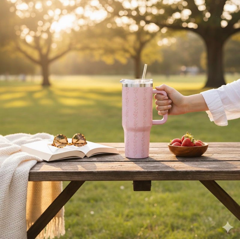 Vaanar Sena 1200ML Stainless Steel Tumbler with Steel Straw | Vacuum Insulated Tumbler for Water, Iced Tea or Coffee, Office, Gym, Travelling (Pink) - Image 4