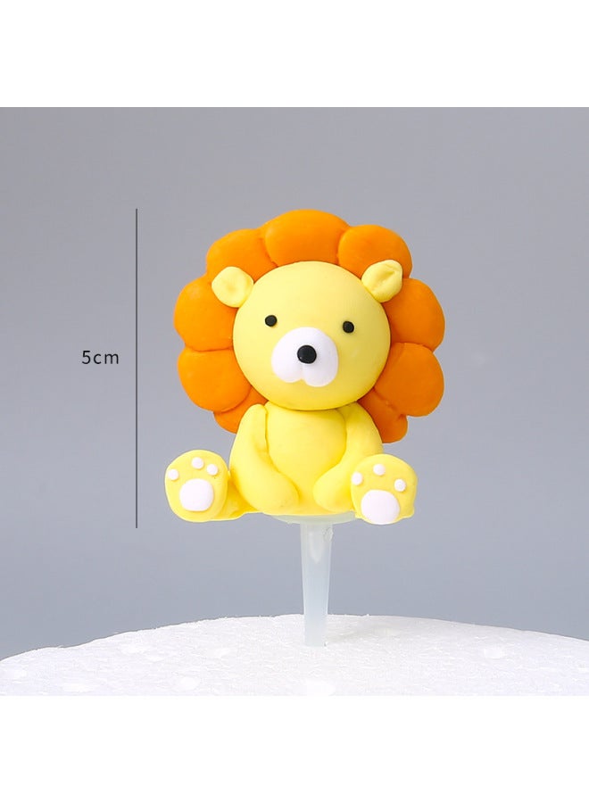 Soft Clay Dinosaur Decorations Lion Tiger Cake Toppers Deer Cartoon Animal Baking Dessert Table Dress Up-Color:Three-dimensional Lion Paper Stick - Image 1