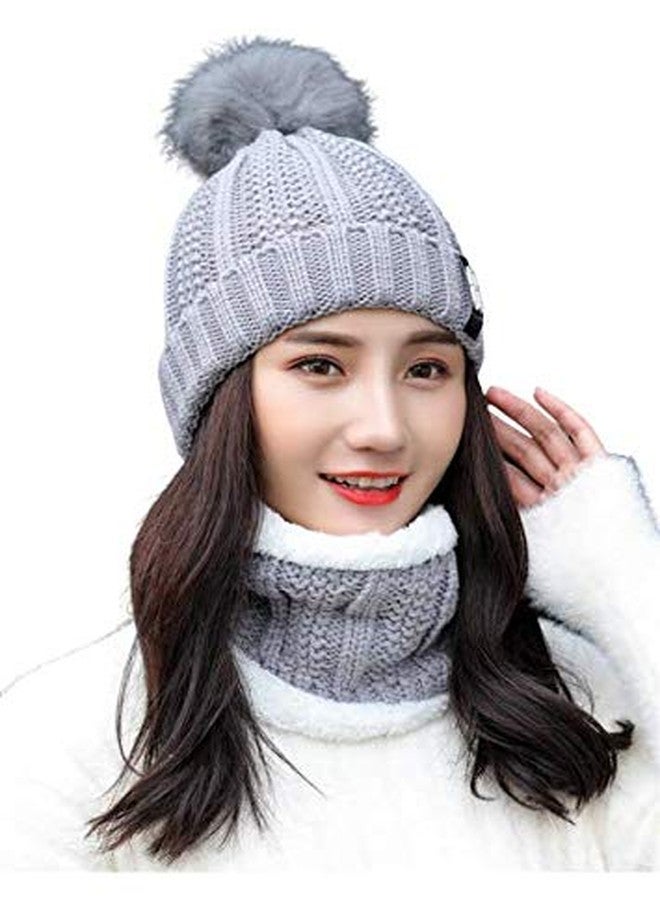 Malvina Women's Fleece Skull Cap And Scarf Set (Pack Of 1 Two-Piece Set) (MAL-Pom-Nckwarmr/Set1/Grey_Grey_Free Size) - Image 1