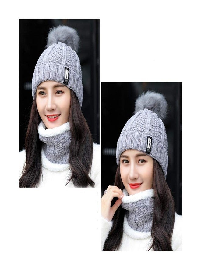Malvina Women's Fleece Skull Cap And Scarf Set (Pack Of 1 Two-Piece Set) (MAL-Pom-Nckwarmr/Set1/Grey_Grey_Free Size) - Image 3