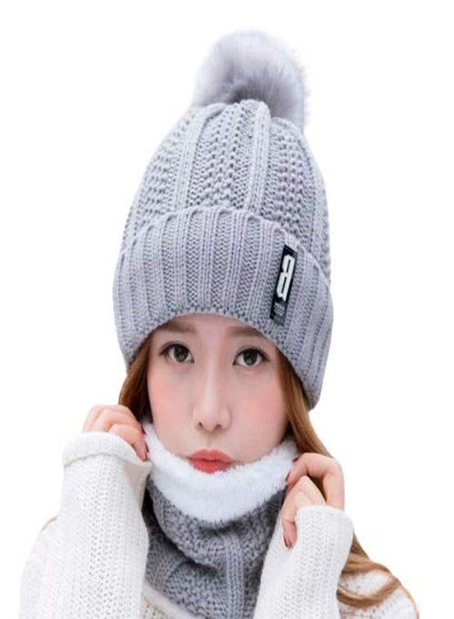Malvina Women's Fleece Skull Cap And Scarf Set (Pack Of 1 Two-Piece Set) (MAL-Pom-Nckwarmr/Set1/Grey_Grey_Free Size) - Image 5