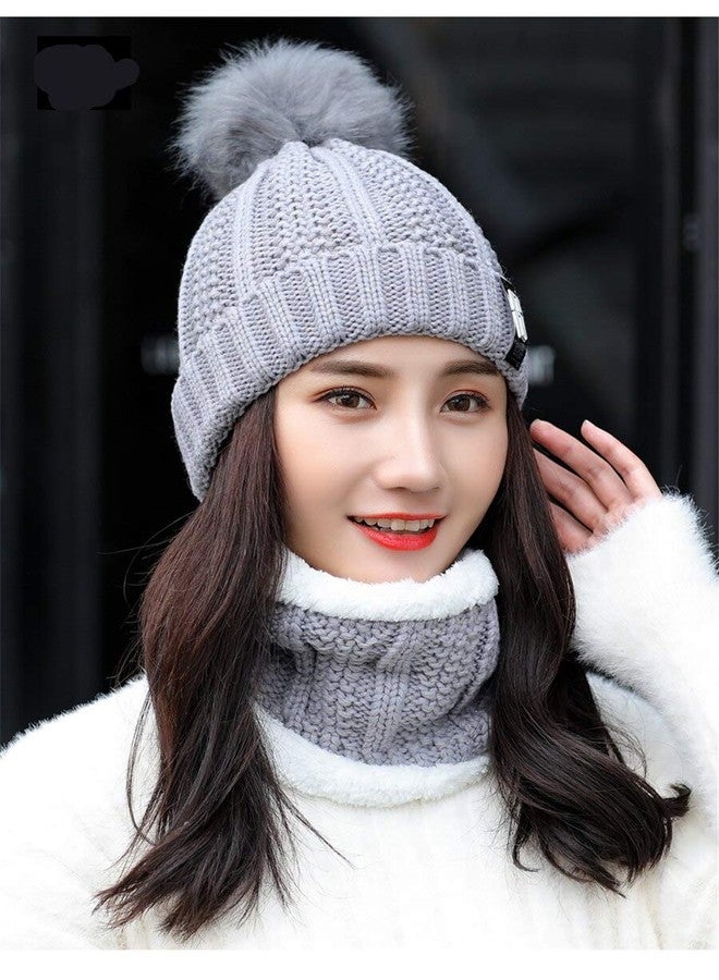 Malvina Women's Fleece Skull Cap And Scarf Set (Pack Of 1 Two-Piece Set) (MAL-Pom-Nckwarmr/Set1/Grey_Grey_Free Size) - Image 2