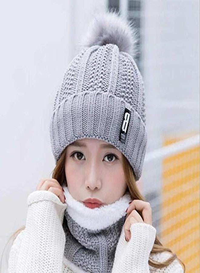Malvina Women's Fleece Skull Cap And Scarf Set (Pack Of 1 Two-Piece Set) (MAL-Pom-Nckwarmr/Set1/Grey_Grey_Free Size) - Image 4
