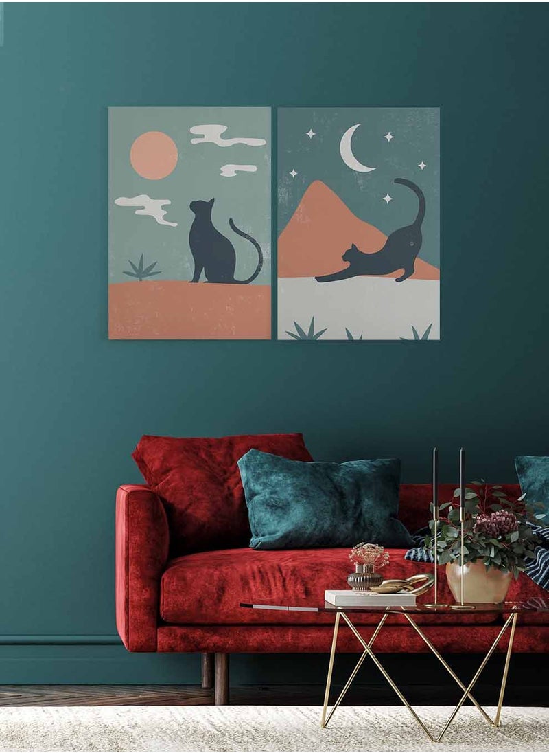 LOWHA Set of 2 Framed Canvas Wall Arts Stretched Over Wooden Frame, Cat Moon Stars Cloud Mountain Leaves
Abstract Paintings, For Home, Living Room, Office Décor  - Image 1