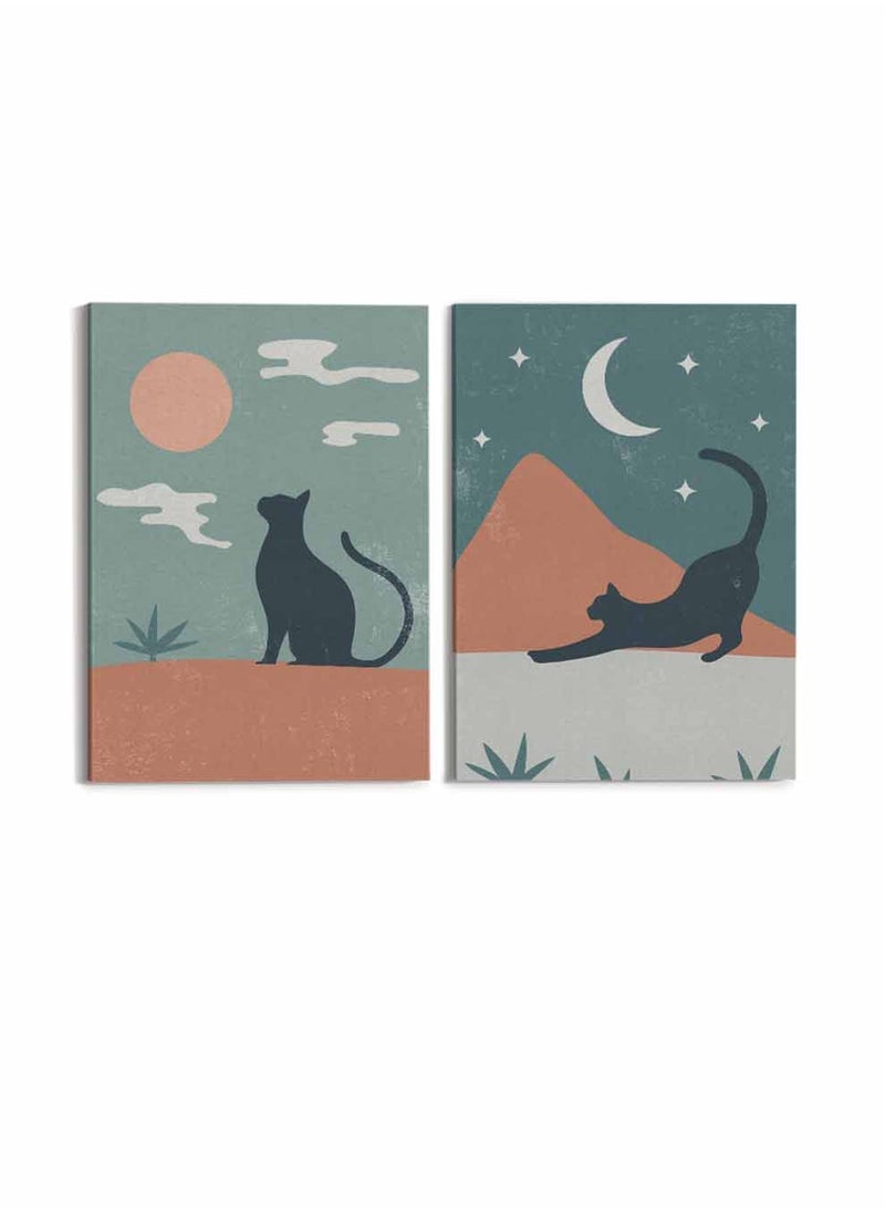 LOWHA Set of 2 Framed Canvas Wall Arts Stretched Over Wooden Frame, Cat Moon Stars Cloud Mountain Leaves
Abstract Paintings, For Home, Living Room, Office Décor  - Image 4