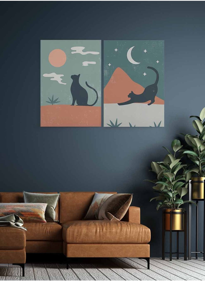 LOWHA Set of 2 Framed Canvas Wall Arts Stretched Over Wooden Frame, Cat Moon Stars Cloud Mountain Leaves
Abstract Paintings, For Home, Living Room, Office Décor  - Image 2