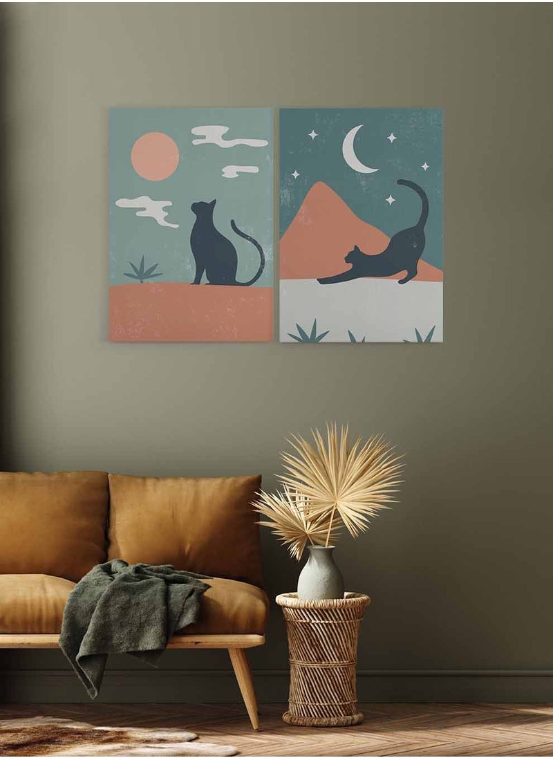 LOWHA Set of 2 Framed Canvas Wall Arts Stretched Over Wooden Frame, Cat Moon Stars Cloud Mountain Leaves
Abstract Paintings, For Home, Living Room, Office Décor  - Image 3