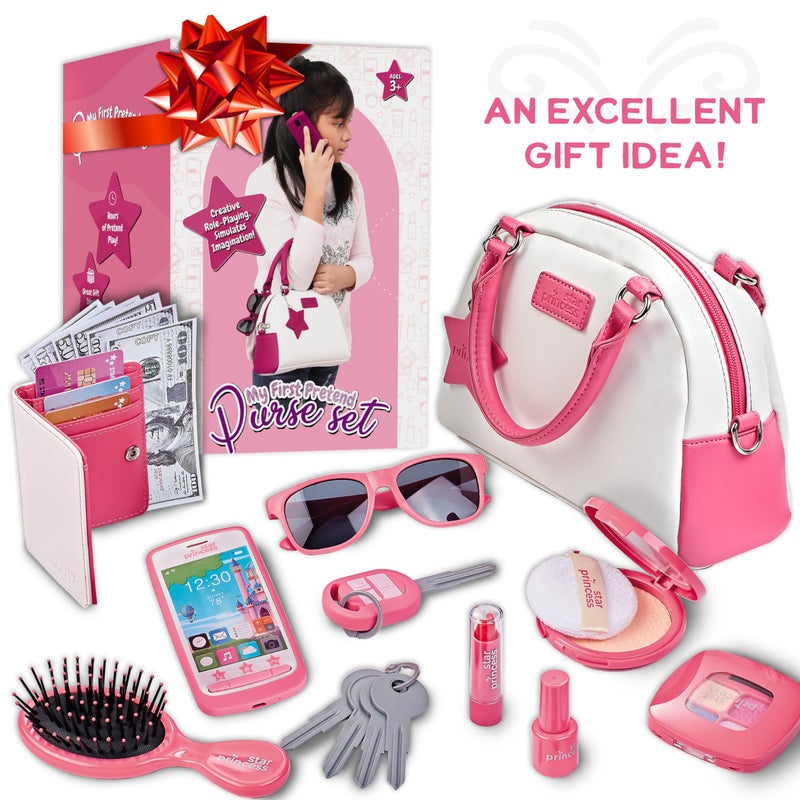 Star Princess Pretend Play Purse Set for Girls - Realistic Purse with Accessories: Toy Phone, Wallet, Credit Cards, Keys, Makeup for Role Playing Toys for Girls Ages 3-8 - Image 4