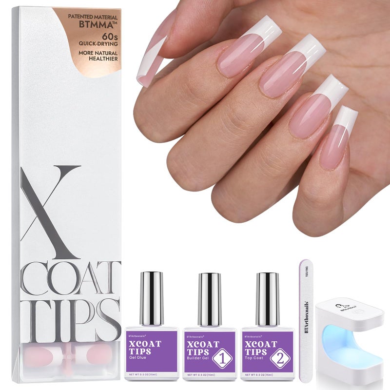 BTArtboxnails XCOATTIPS French Tip Nails  Long Square Nail Tips with Nail Gel French Protecing Duo Nail Lamp All in One Soft Gel French Tip Press on Nails Gel Extension Valentines Day Gifts