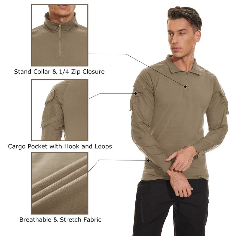 TACVASEN Military Shirt for Men Long Sleeve Tactical Shirt Quarter Zip Pullover Combat with Pockets Soft Army Police Hiking Shooting Training Khaki L - Image 5