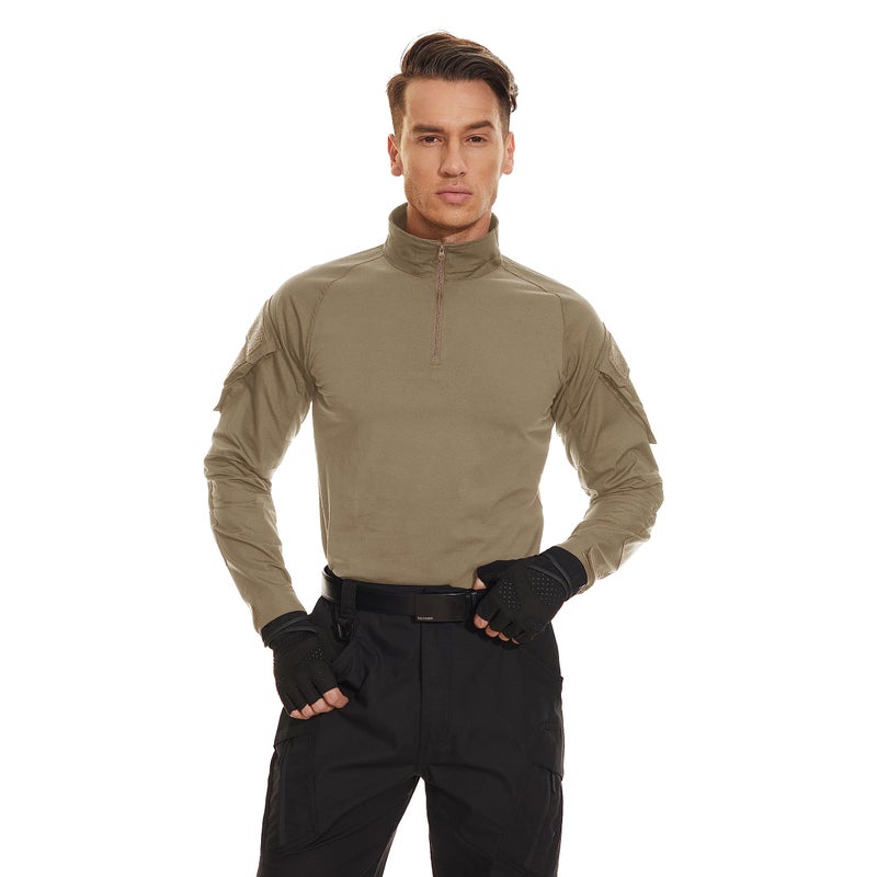 TACVASEN Military Shirt for Men Long Sleeve Tactical Shirt Quarter Zip Pullover Combat with Pockets Soft Army Police Hiking Shooting Training Khaki L - Image 2