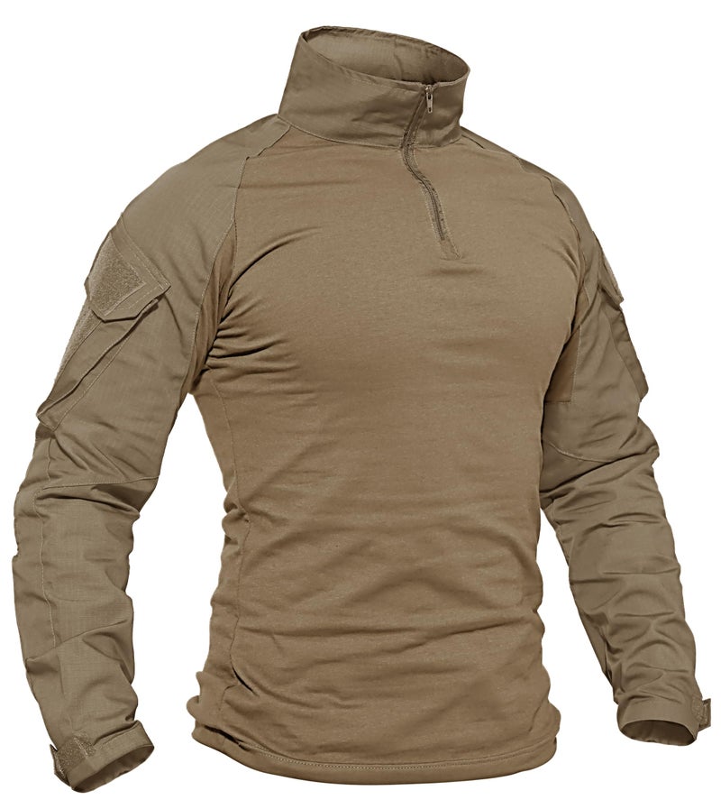 TACVASEN Military Shirt for Men Long Sleeve Tactical Shirt Quarter Zip Pullover Combat with Pockets Soft Army Police Hiking Shooting Training Khaki L - Image 1