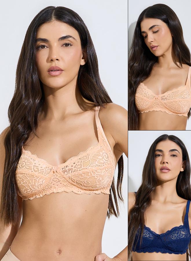 Styli Pack of 2- Non Wired Non Padded Lace Full Cup Bra - Image 1