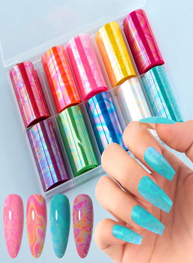 SILPECWEE 10 Rolls Aurora Nail Foil Paper, Holographic Nail Art Foil Transfer Colorful Laser Neon Nail Stickers Fingernail Wraps Nail Art Decoration Accessories - Image 1