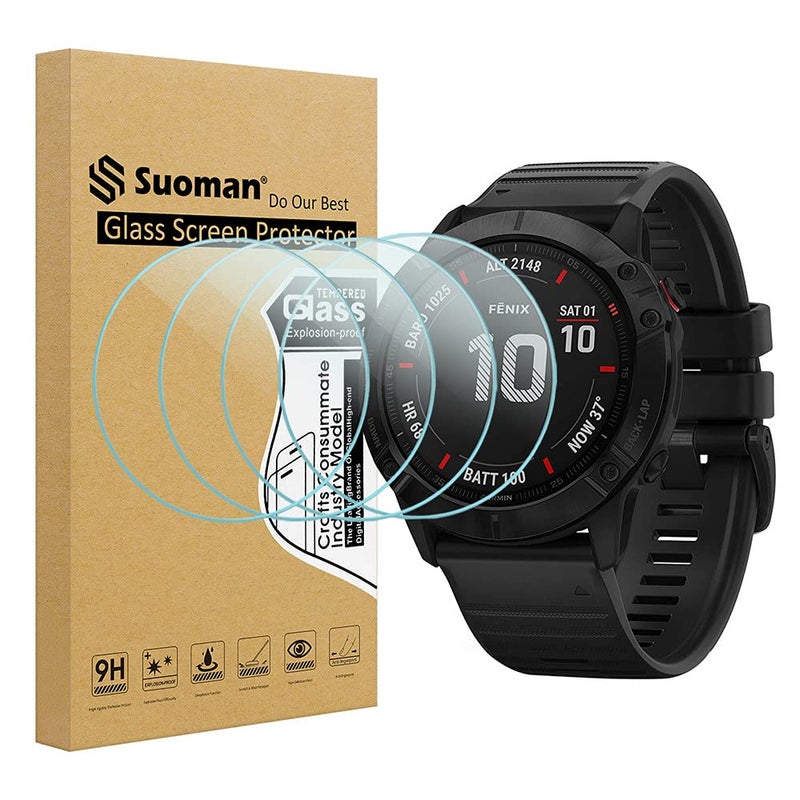 Suoman 4-Pack for Garmin Fenix 6X Pro / 6 X Pro Solar / 6X Sapphire Screen Protector, 2.5D 9H Hardness Ultra-Thin Tempered Glass Screen Protective Film [Anti-Scratch] - Image 1